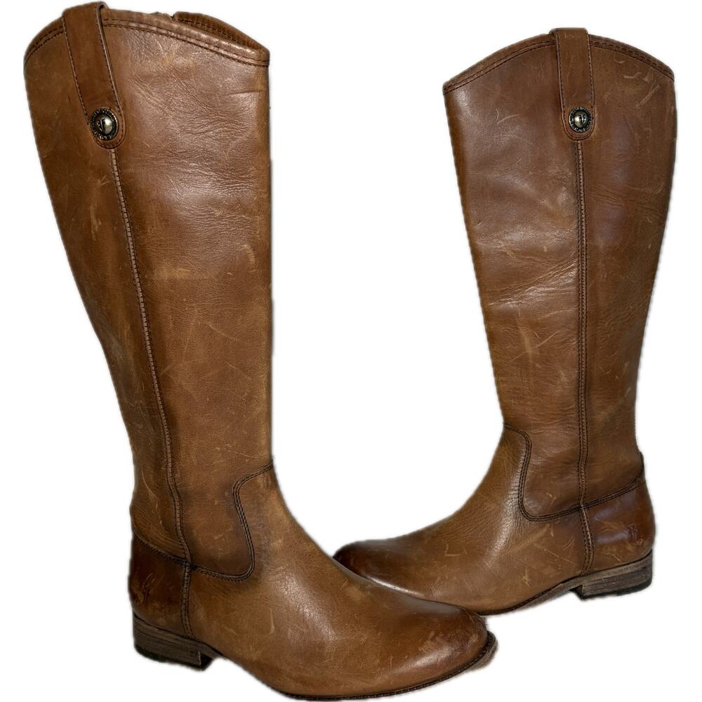 FRYE Boots Melissa Cognac Brown Leather Tall Cowgirl Zip Riding Casual Boho 7.5B